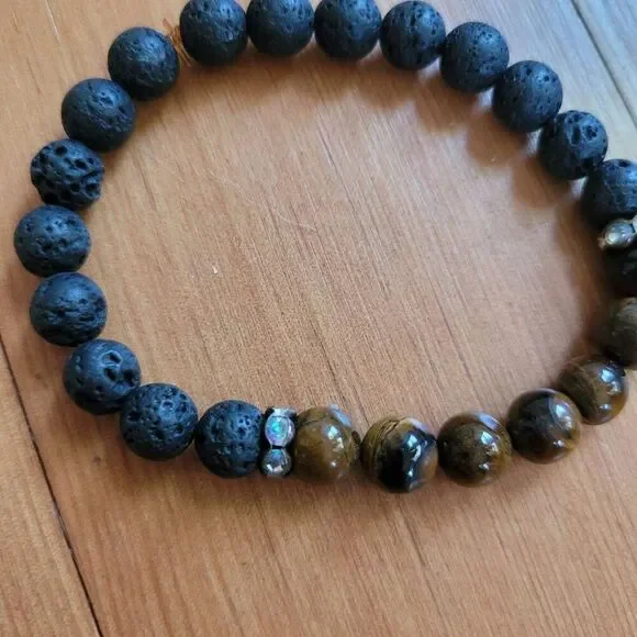 Set of 3 beaded bracelets faux crystal tiger's eye lava beads bohemian hippie - Picture 6 of 12